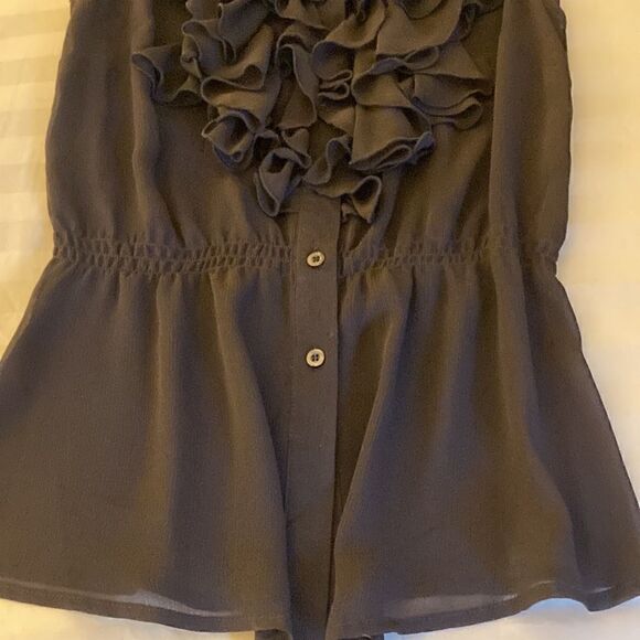 Cotton Express Women’s Semi Sheer Ruffle Button Front Blouse in Brown. Size S. - Picture 8 of 10